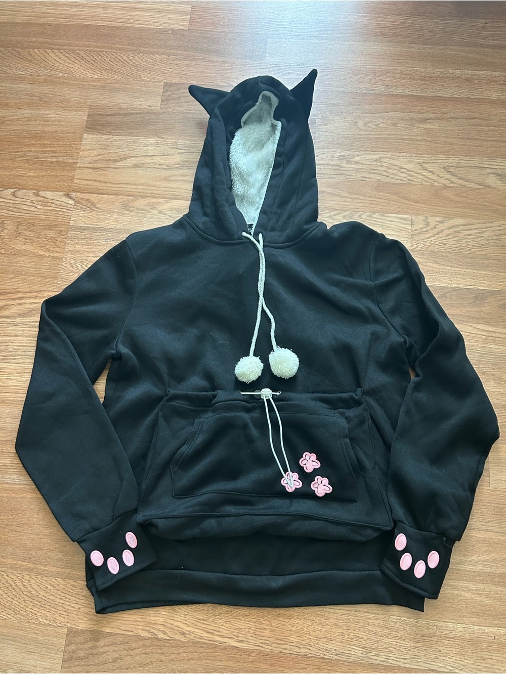 Black Cat-Ear Fleece Hoodie for Cats with Pink Paw Accents